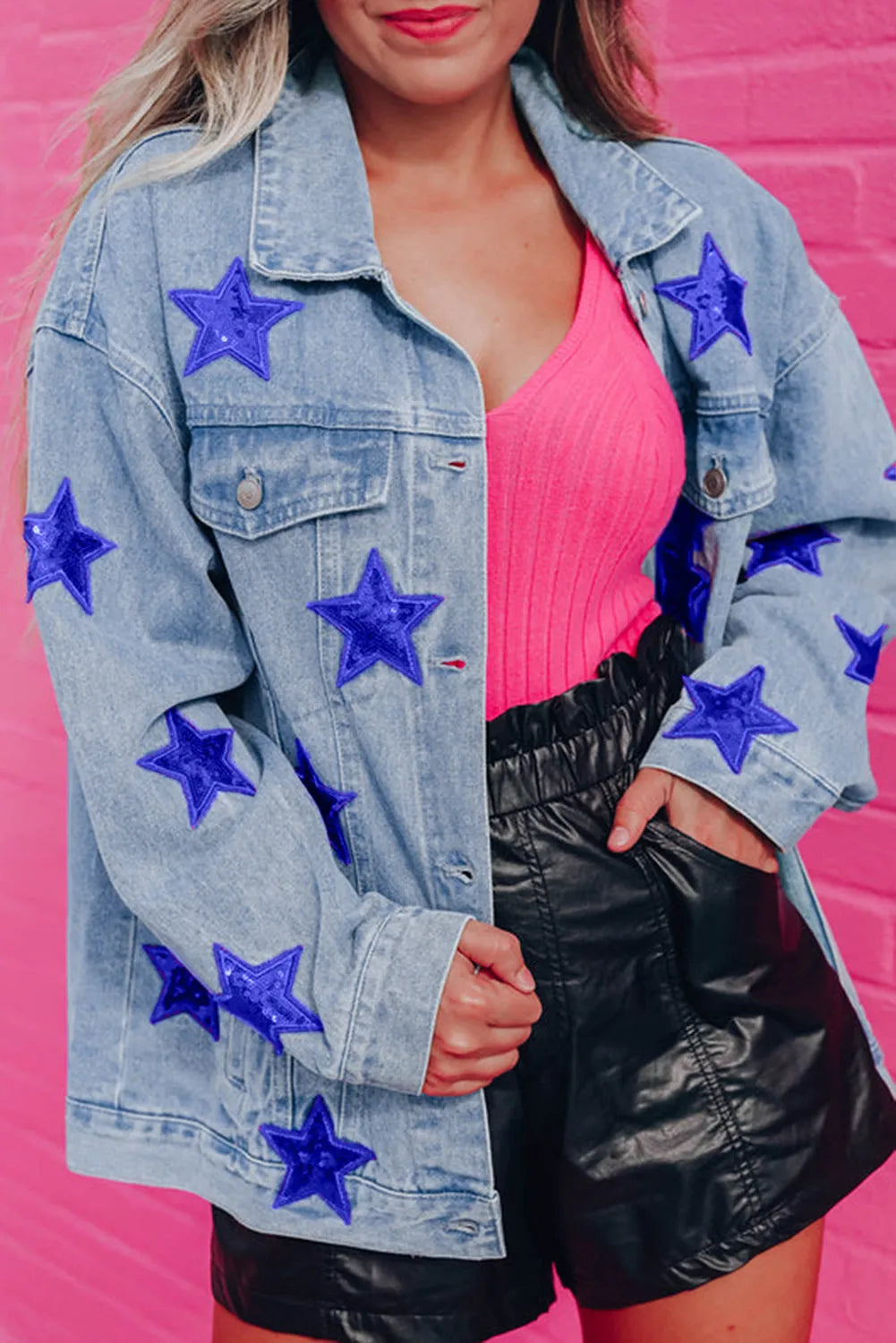 Bluing Sequin Star Flap Pocket Denim Jacket - Chic Meadow Boutique 