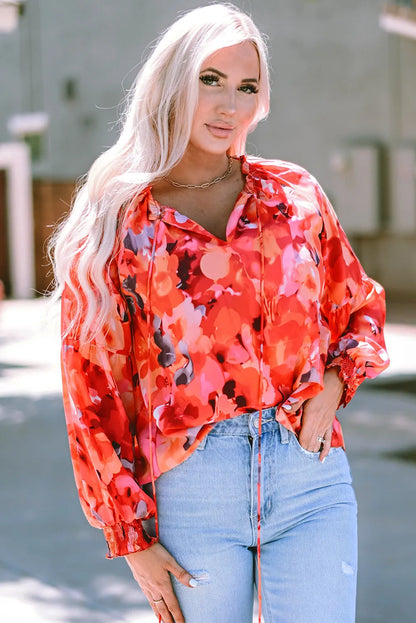 Fiery Red Floral Print Split Neck Tassel Tie Blouse - Chic Meadow Boutique 