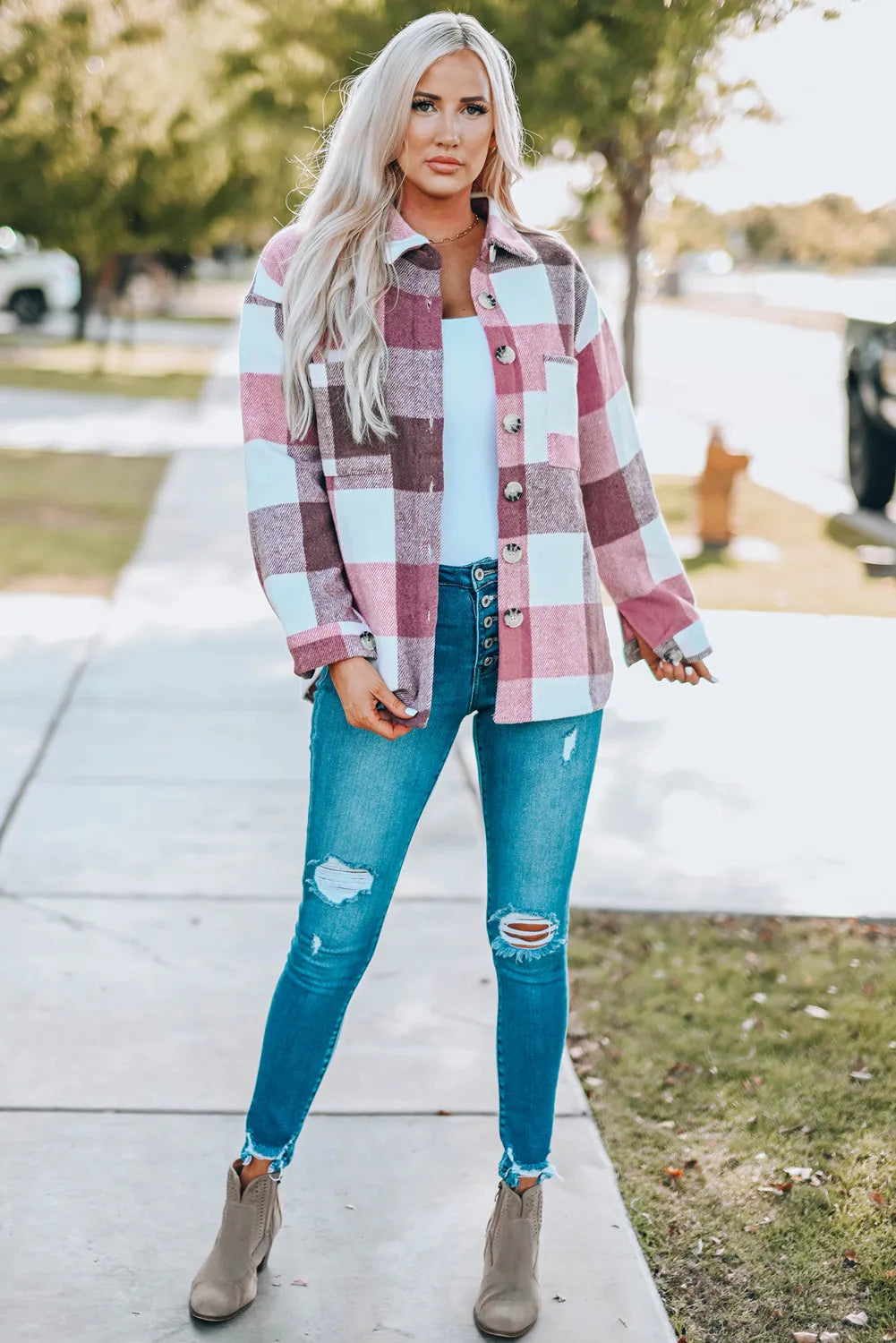 Plaid Color Block Buttoned Long Sleeve Jacket with Pocket - Chic Meadow Boutique 