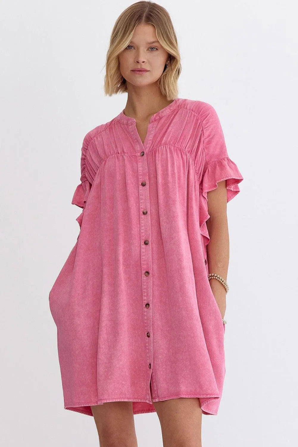 Pink Ruffled Short Sleeve Buttoned Denim Mini Dress - Chic Meadow Boutique 