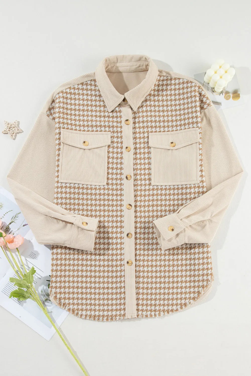 Parchment Houndstooth Corduroy Patchwork Flap Pocket Shacket - Chic Meadow Boutique 