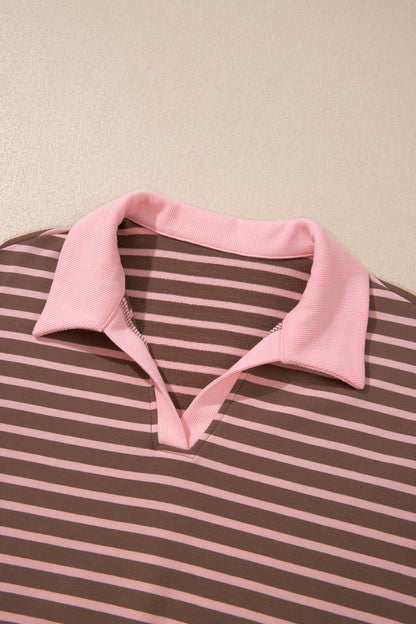 Brown Stripe Striped Drawstring Waist Long Sleeve Top Mini Skort Set