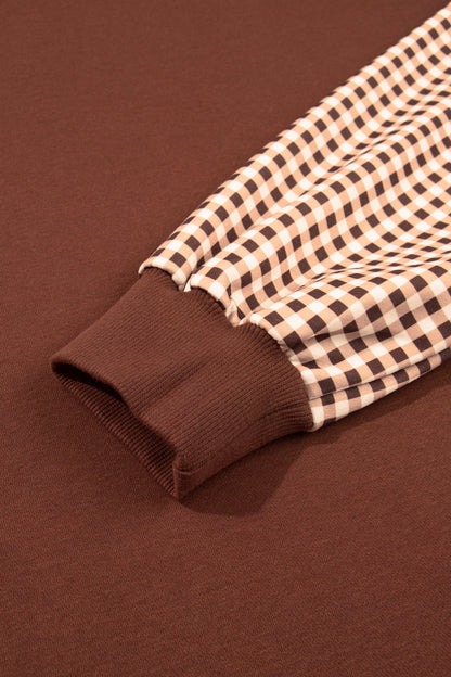 Coffee Plaid Sleeve Colorblock Loose Tunic Sweatshirt