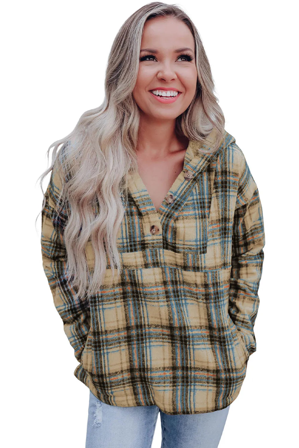 Khaki Plaid Button Neck Pocketed Pullover Hoodie - Chic Meadow Boutique 