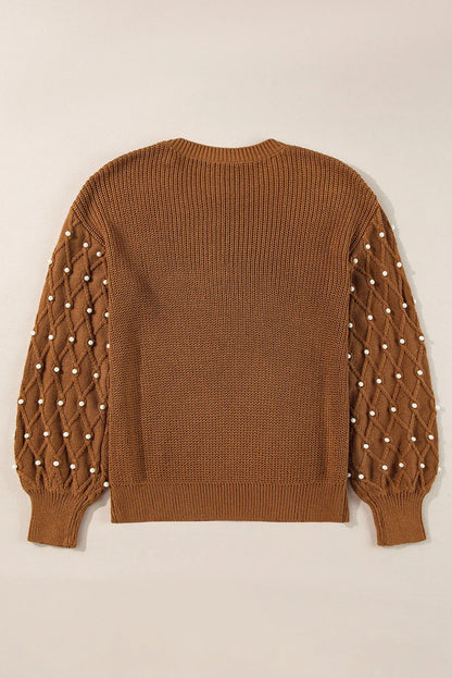 Chestnut Beaded Drop Shoulder Round Neck Sweater - Chic Meadow Boutique 