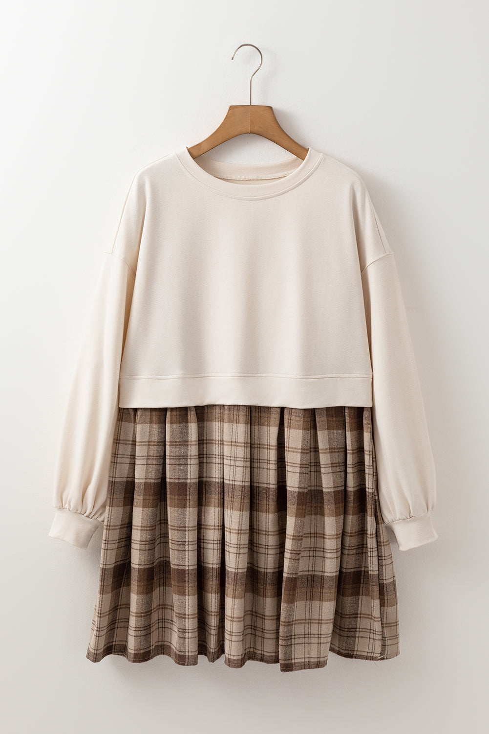 Beige Plaid Patchwork High Waist Sweatshirt Mini Dress