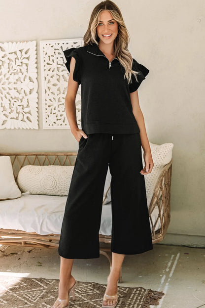 Black Textured Flutter Sleeve Top Wide Leg Pants Set - Chic Meadow Boutique 