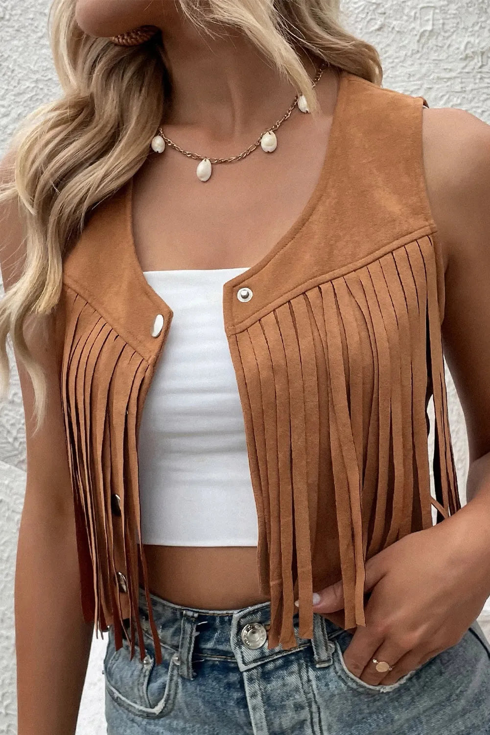 Camel Fringed Snap Button Front Suedette Vest - Chic Meadow Boutique 