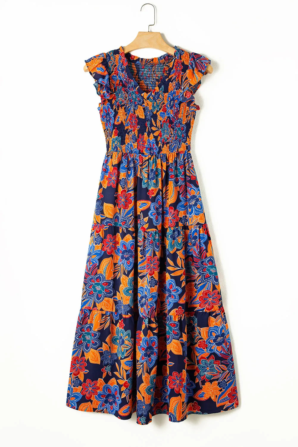 Dark Blue Boho Floral V Neck Ruffle Tiered Long Dress - Chic Meadow Boutique 