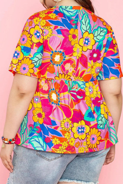 Plus Size/Plus Size Tops/Plus Size Blouses & Shirts Pink Floral Print Short Sleeve Plus Size Babydoll Blouse