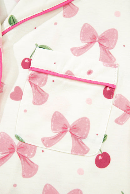 Beige Bow Fruit Print Contrast Pipping Short Pajamas Set