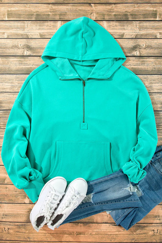 Aruba Blue Fleece Lined Half Zipper Kangaroo Pockets Loose Hoodie - Chic Meadow Boutique 