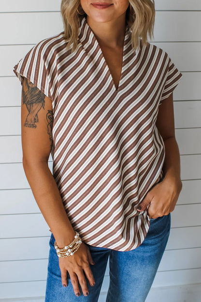 Chestnut Striped Stand V Neck Short Sleeve Blouse