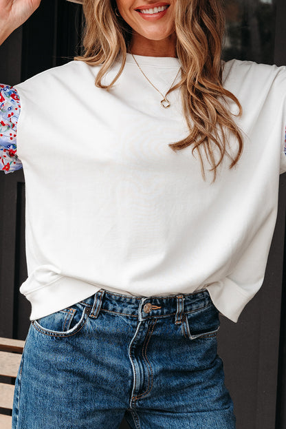 White Floral Ruffled Balloon Sleeve Patchwork Loose Blouse