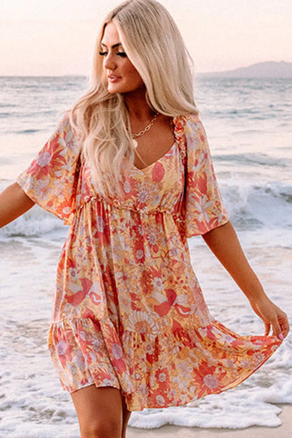 Orange Wide Flutter Sleeve Floral Dress - Chic Meadow Boutique 