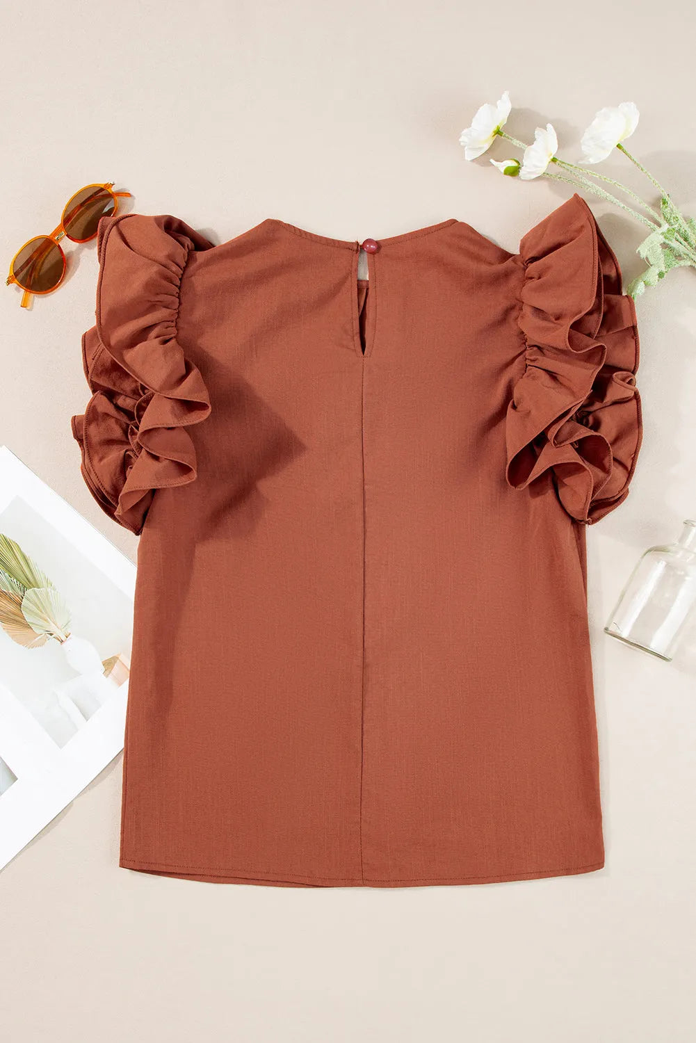 Red Sandalwood Ruffle Trim Sleeveless Blouse - Chic Meadow Boutique 