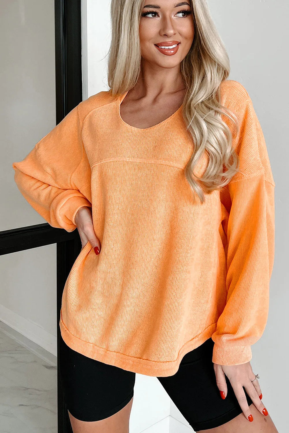 Tops/Long Sleeve Tops Grapefruit Orange Solid Color Textured High Low Long Sleeve Top