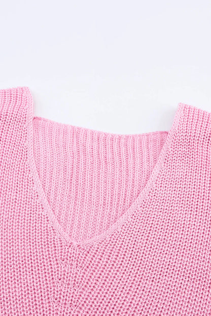 Pink Ribbed Knit V Neck Sweater - Chic Meadow Boutique 