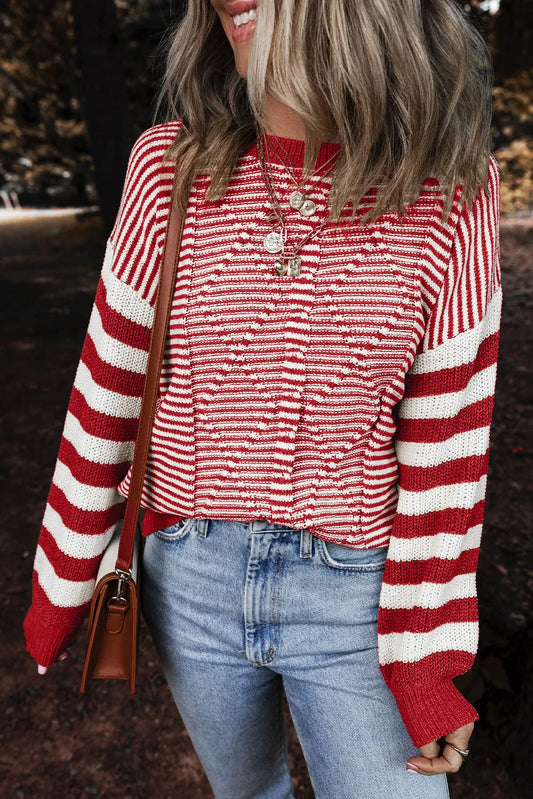 Red Stripe Geometric Textured Drop Shoulder Sweater - Chic Meadow Boutique 