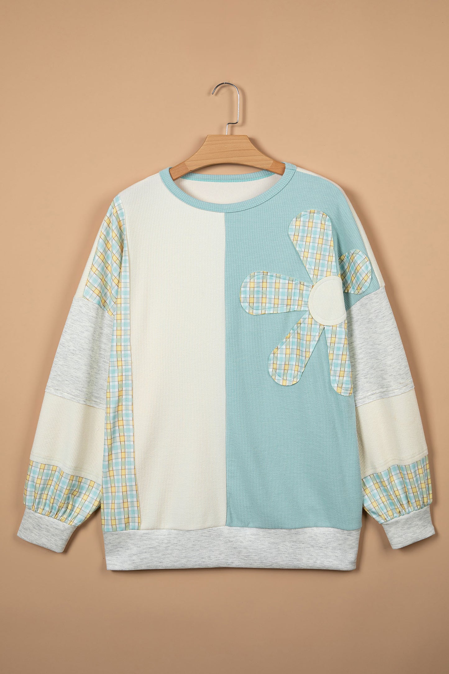 Light Blue Plaid Patchwork Round Neck Long Sleeve Top