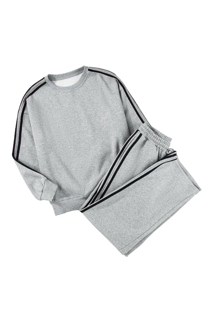 Light Grey Solid Color Side Striped Sweatshirt Active Set - Chic Meadow Boutique 