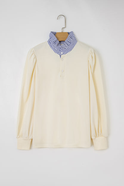 White Button Striped Collar Patchwork Puff Sleeve Sweatshirt