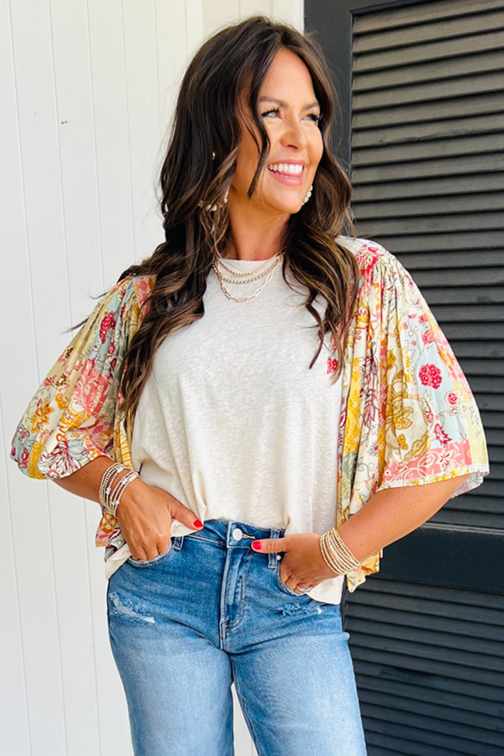 Beige Floral Patchwork Half Batwing Sleeve Blouse