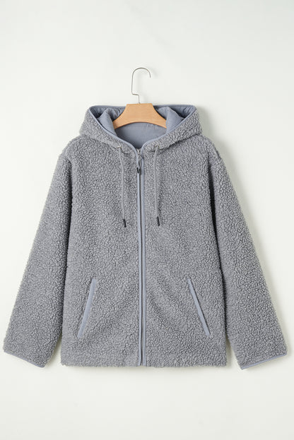 Medium Grey Fleece Zip Up Drawstring Hooded Pocketed Jacket