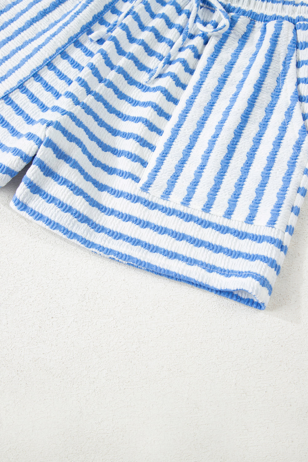 Sky Blue Stripe Knitted Short Sleeve Top and Drawstring Shorts Set