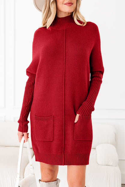 Fiery Red Ribbed High Neck Front Pockets Center Seam Shift Sweater Dress