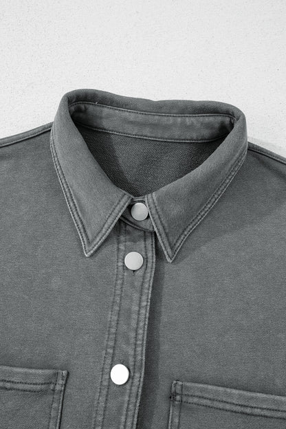 Medium Grey Mineral Wash Chest Pockets Drop Shoulder Shacket with Side Slit