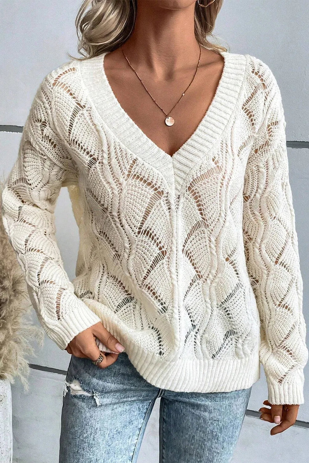 Beige Hollow Out Knit V Neck Drop Shoulder Sweater - Chic Meadow Boutique 