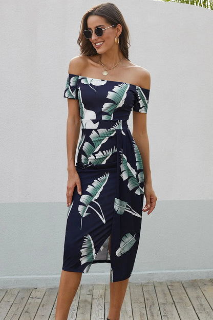 Blue Pattern Print Off Shoulder Slit Bodycon Midi Dress - Chic Meadow Boutique 