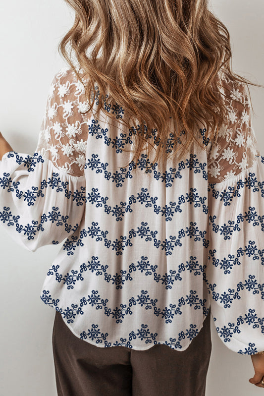 Blue Lace Patchwork Floral Bubble Sleeve V Split Neck Blouse