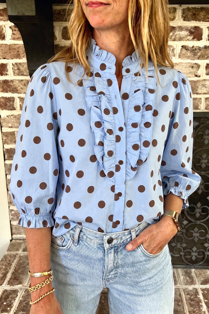 Sky Blue Polka Dot Print Ruffle Stand Neck 3/4 Sleeve Shift Shirt