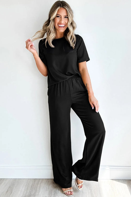 Black Solid Color T Shirt 2pcs Wide Leg Pants Set - Chic Meadow Boutique 