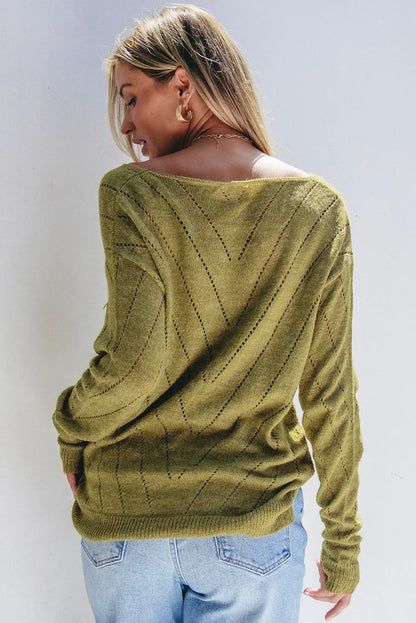 Sage Green Solid Eyelet Drop Shoulder V Neck Sweater - Chic Meadow Boutique 