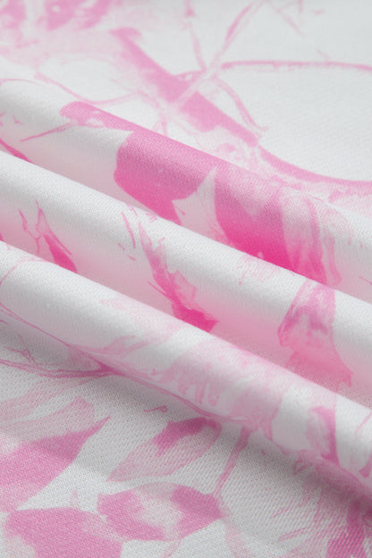 Pink Abstract Plant Print Long Sleeve V Neck Pant Set