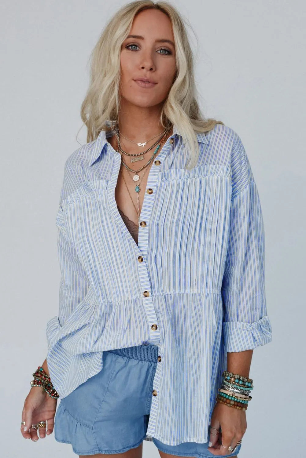 Sky Blue Stripe Striped Buttoned up Long Sleeve Shirt - Chic Meadow Boutique 