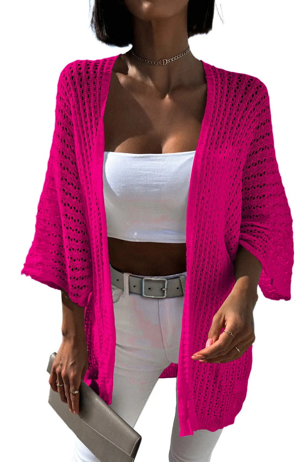 Rose Hollow-out Knit Kimono Lightweight Cardigan - Chic Meadow Boutique 