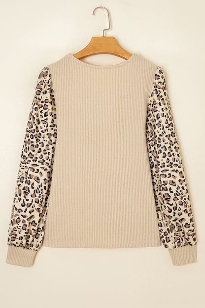 Apricot Leopard Sleeve Patchwork Ribbed Knit U Neck Top