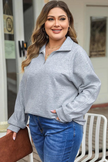 Plus Size/Plus Size Tops/Plus Size Long Sleeve Tops Light Grey Quarter Zipper Collared Ribbed Knit Plus Size Top