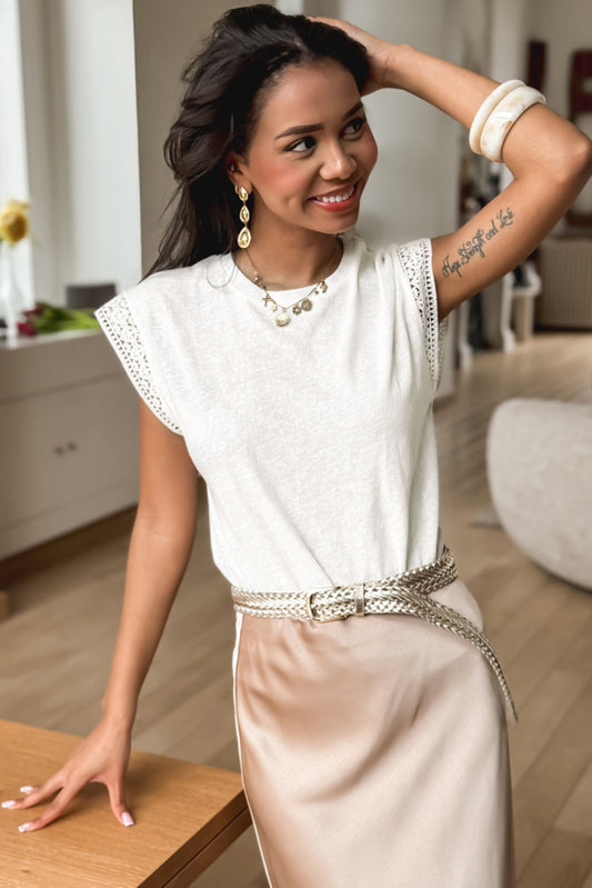 White Lace Patchwork Cap Sleeve Round Neck T Shirt