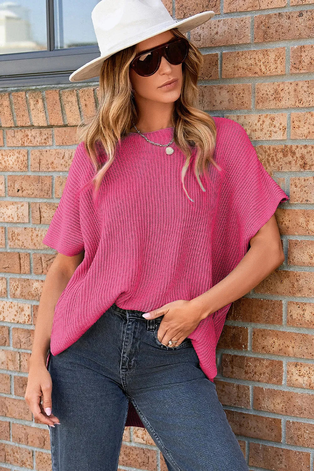 Rose Red Short Sleeve Side Slit Oversized Sweater - Chic Meadow Boutique 