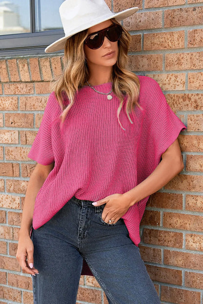 Rose Red Short Sleeve Side Slit Oversized Sweater - Chic Meadow Boutique 