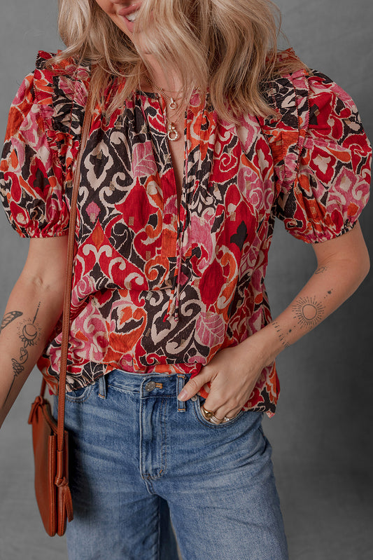 Red Ethnic Print Split Neck Short Puff Sleeve Blouse