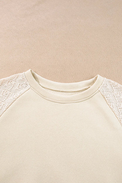 Parchment Eyelet Knit Patchwork Raglan Sleeve Pullover Top - Chic Meadow Boutique 