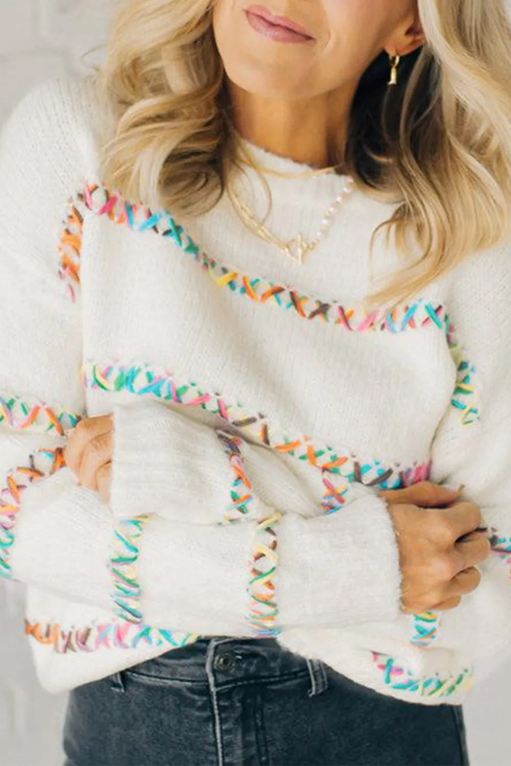 White Colorful Crossed Stitch Drop Shoulder Sweater - Chic Meadow Boutique 