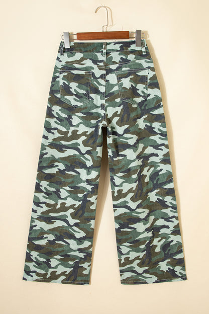Green Camouflage Print Wide Leg Drawstring Denim Pants