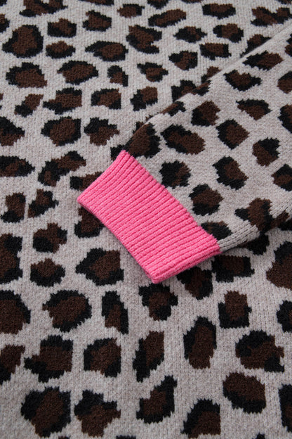 Khaki Oversize Color Block Trim Button Down Leopard Print Cardigan